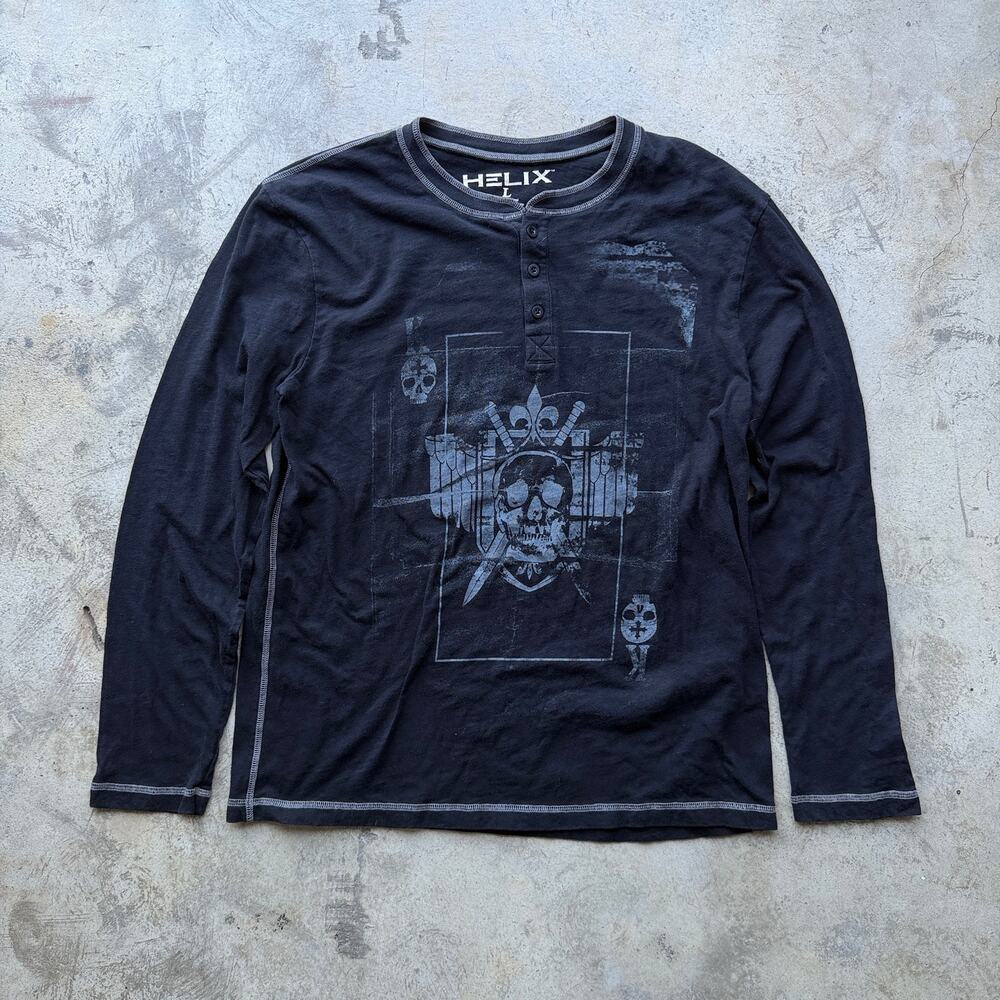 Vintage Y2K Helix Skull Graphic Henley Long Sleeve Shirt L
